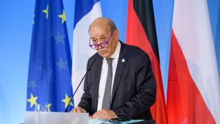 French Foreign Minister Jean-Yves Le Drian speaks during joint press conference on the sidelines of a meeting with his German and Polish counterparts to mark the 30th anniversary of the 'Weimar Triangle' in Weimar, Germany, Friday, Sept. 10, 2021.