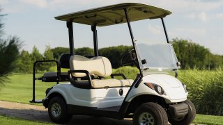 A white golf cart stands on a stone path against the backdrop of a golf course