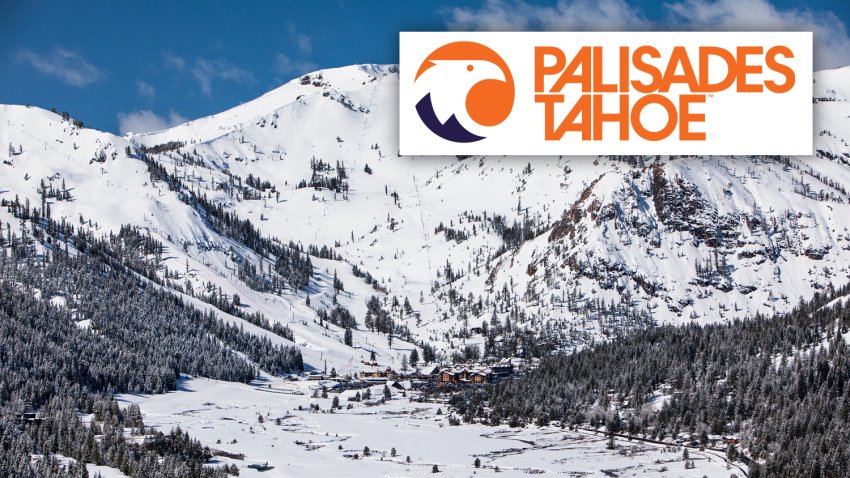 The Palisades Tahoe ski resort logo and view of the mountain.