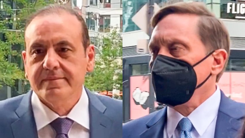 Gamal Abdelaziz, at left, and Lynnfield’s John Wilson arrive at Moakley Federal Court in Boston, as the first trial in the so-called “Varsity Blues” college admissions case is set to begin. They are charged with paying bribes to get their kids into college.