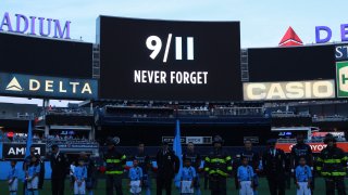 Sep 11, 2019; New York, NY, USA; Ceremony to commemorate the terror attacks of September 11 before a game between New York City FC and Toronto FC at Yankee Stadium. Mandatory Credit: Brad Penner-USA TODAY Sports