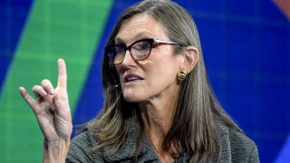 Catherine Wood, chief executive officer of ARK Investment Management LLC, speaks during the Milken Institute Global Conference in Beverly Hills, California, on Monday, Oct. 18, 2021.