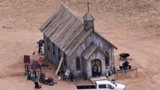 This aerial photo shows a film set at the Bonanza Creek Ranch in Santa Fe, N.M.,
