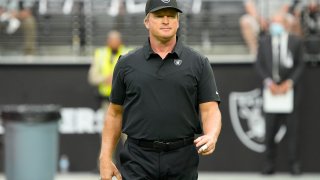 Las Vegas Raiders coach Jon Gruden during an NFL football game against the Miami Dolphins, Sunday, Sept. 26, 2021, in Las Vegas.