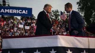 former President Donald J. Trump speaks with Republican congressional candidate Max Miller