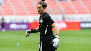 HARRISON, NJ - AUGUST 29: Erin McLeod #1 of the Orlando Pride before a game between Orlando Pride and NJ/NY Gotham City FC at Red Bull Arena on August 29, 2021 in Harrison, New Jersey.