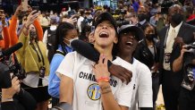 Candace Parker #3 and Kahleah Copper #2 of the Chicago Sky