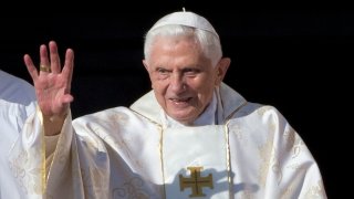 FILE - In this Oct. 19, 2014, file photo, Pope Emeritus Benedict XVI arrives in St. Peter's Square at the Vatican to attend the beatification ceremony of Pope Paul VI.