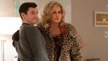 (L-R). Michael Urie as Peter, Jennifer Coolidge as Aunt Sandy, in "Single All The Way."