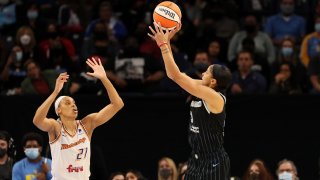 Sky's Candace Parker (3) shoots over Mercury's Brianna Turner (21) during game 3 of the WNBA finals between the Chicago Sky and the Phoenix Mercury on Friday, Oct. 15, 2021, at Wintrust Arena in Chicago. (Stacey Wescott/Chicago Tribune/Tribune News Service via Getty Images)