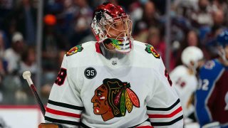 Chicago Blackhawks goaltender Marc-Andre Fleury reacts after giving up a goal.