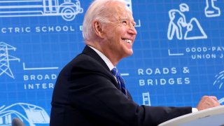 U.S. President Joe Biden meets virtually with governors, mayors, and other state and local elected officials to discuss the bipartisan Infrastructure Investment and Jobs Act, in the South Court Auditorium at the White House in Washington, August 11, 2021.