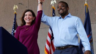 New York Governor Kathy Hochul appears with her choice for Lieutenant Governor, Democratic New York State Senator Brian Benjamin an event in the Harlem section of Manhattan, New York, August 26, 2021.