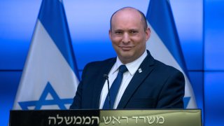 In this photo, Israeli Prime Minister Naftali Bennett holds a news conference at the Government Press Office in, Jerusalem, Saturday, Nov. 6, 2021.