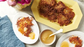 Plates of potato pancakes, or latkes