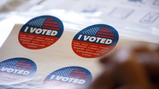 American 'I Voted' stickers at a polling station in California, U.S.