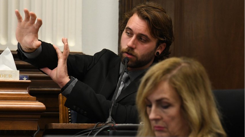 KENOSHA, WISCONSIN – NOVEMBER 08: Gaige Grosskreutz testifies about permanent injuries to his right arm and hand as he testifies about being shot in the right bicep during the Kyle Rittenhouse trial at the Kenosha County Courthouse on November 8, 2021 in Kenosha, Wisconsin. Rittenhouse shot three demonstrators, killing two of them, during a night of unrest that erupted in Kenosha after a police officer shot Jacob Blake seven times in the back while police attempted to arrest him in August 2020. Rittenhouse, from Antioch, Illinois, was 17 at the time of the shooting and armed with an assault rifle. He faces counts of felony homicide and felony attempted homicide. (Photo by Mark Hertzberg-Pool/Getty Images)