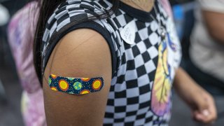 A child wears a band-aid after receiving a dose of the Pfizer-BioNTech Covid-19 vaccine at a vaccination clinic at an elementary school in San Jose, California, U.S., on Thursday, Nov. 4, 2021. Younger children, ages 5 to 11-year-old, across the U.S. are now eligible to receive Pfizer Inc.’s Covid-19 vaccine, after the head of the Centers for Disease Control and Prevention granted the final clearance needed for shots to begin. Photographer: David Paul Morris/Bloomberg