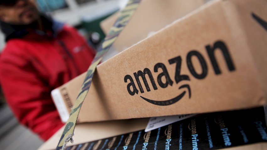 Amazon boxes are seen stacked for delivery in New York City.