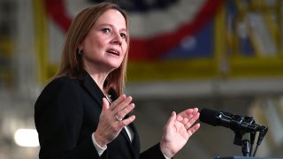 A file photo of General Motors CEO Mary Barra speaking during a visit of the US president to the General Motors Factory ZERO electric vehicle assembly plant in Detroit, Michigan on November 17, 2021.