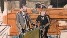In this sketch, a prosecution detective, left, shows a massage table recovered from Jeffrey Epstein's Palm Beach Beach home to witness and former Palm Beach Police Officer Gregory Parkinson, right, during testimony in the sex-abuse trial of Ghislaine Maxwell