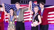 gold medalists Madison Chock (left) and Evan Bates, and bronze medalists Madison Hubbell and Zachary Donohue, all of the United States