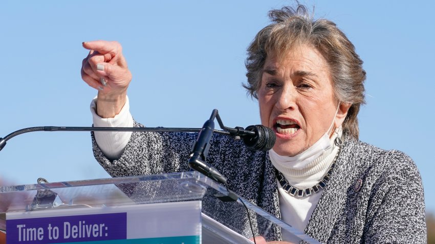 WASHINGTON, DC – NOVEMBER 16: U.S. Rep. Jan Schakowsky (D-IL) speaks at the “Time to Deliver” Home Care Workers rally and march on November 16, 2021 in Washington, DC. (Photo by Jemal Countess/Getty Images for SEIU)