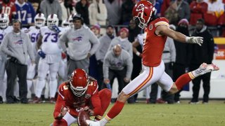 Jan 23, 2022; Kansas City, Missouri, USA; Kansas City Chiefs kicker Harrison Butker (7) makes a kick against the Buffalo Bills during the second half of the AFC Divisional playoff football game at GEHA Field at Arrowhead Stadium. Mandatory Credit: Denny Medley-USA TODAY Sports