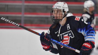 Hilary Knight warms up before an exhibition game against the New Mexico Ice Wolves.