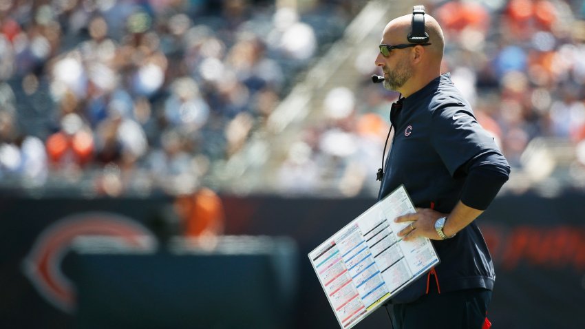 Aug 14, 2021; Chicago, Illinois, USA; Chicago Bears head coach Matt Nagy watches the game against the Miami Dolphins on the sideline during the first half at Soldier Field. Mandatory Credit: Jon Durr-USA TODAY Sports