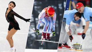 Team USA's Karen Chen (left), Mikaela Shiffrin (center) and Matt Hamilton and John Landsteiner (right).