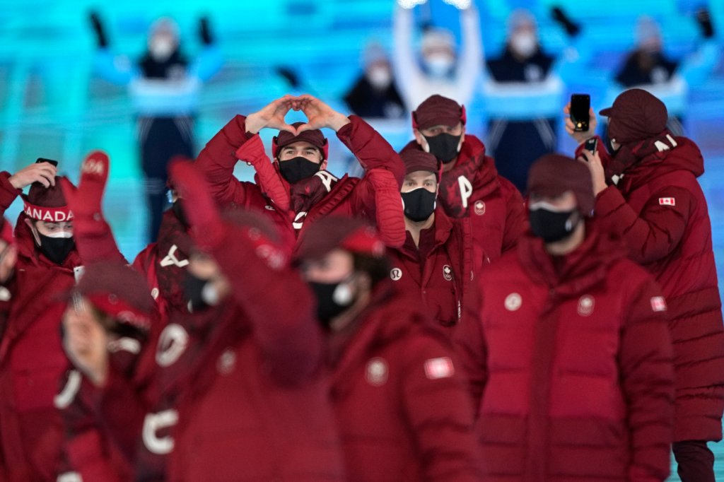 Team Canada arrives during the opening ceremony of the 2022 Winter Olympics, Friday, Feb. 4, 2022, in Beijing.