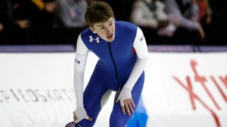 Casey Dawson reacts after competing in the men's 1,500 meters during the U.S. Olympic long track speedskating trials, Saturday, Jan. 6, 2018, in Milwaukee.