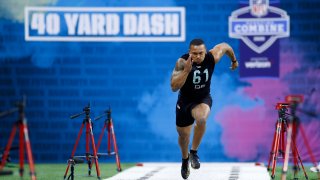 Defensive back Antoine Winfield Jr. of Minnesota runs the 40-yard dash during the NFL Combine at Lucas Oil Stadium on February 29, 2020 in Indianapolis, Indiana.