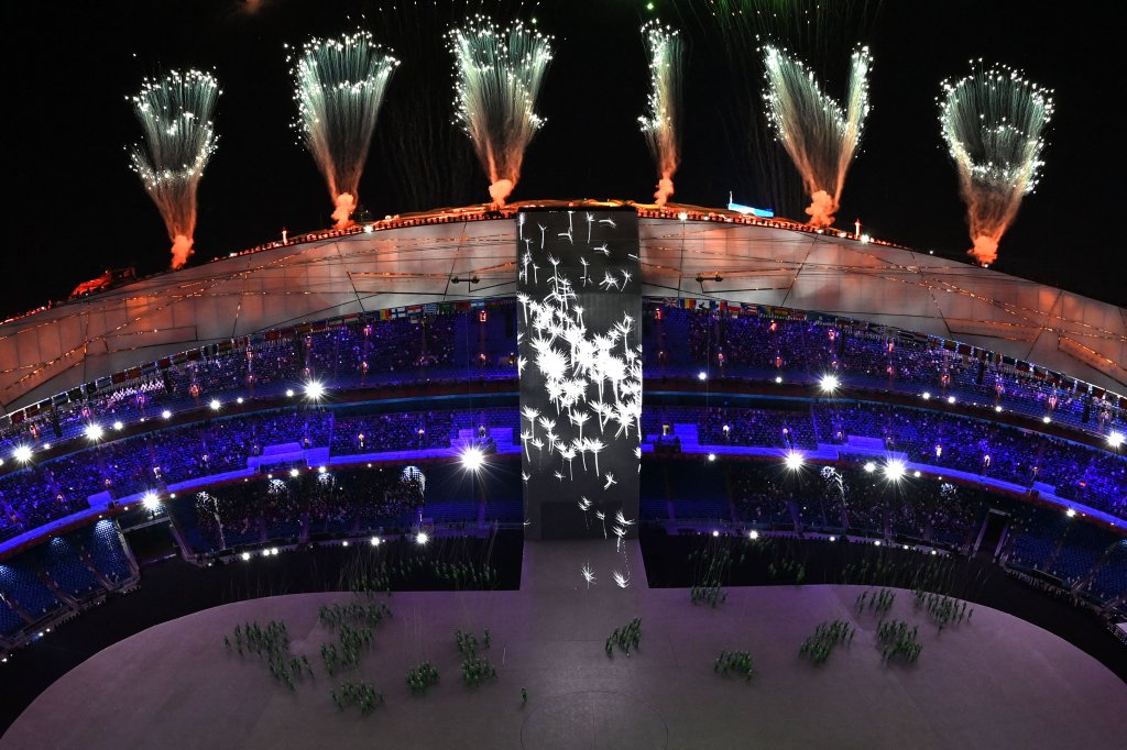 Fireworks spells out "spring" in English during the opening ceremony of the Beijing 2022 Winter Olympic Games, at the National Stadium, Feb. 4, 2022.