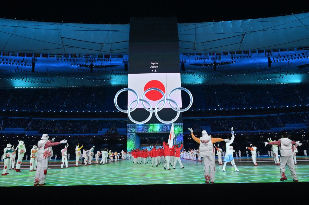 The delegation from Japan walks in the parade of athletes during the opening ceremony of the Beijing 2022 Winter Olympic Games, at the National Stadium, known as the Bird's Nest, in Beijing, Feb. 4, 2022.