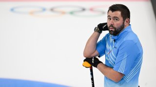 John Landsteiner of USA looks on at the Curling Men's Round Robin Session 3 during the Beijing 2022 Winter Olympics at National Aquatics Centre on February 11, 2022 in Beijing, China.