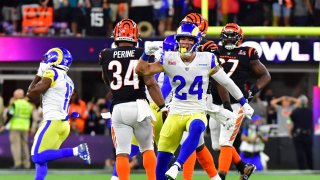 Los Angeles Rams' Taylor Rapp celebrates his team's win at the end of Super Bowl LVI between the Los Angeles Rams and the Cincinnati Bengals at SoFi Stadium in Inglewood, California, on February 13, 2022.