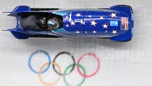 Team USA's Elana Meyers Taylor and Sylvia Hoffman compete in the 2-woman bobsleigh event during the 2022 Winter Olympic Games in Yanqing, China, Feb. 18, 2022.