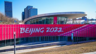 A view of signage at Beijing Winter Olympic Village on Dec. 24, 2021 in Beijing, China.