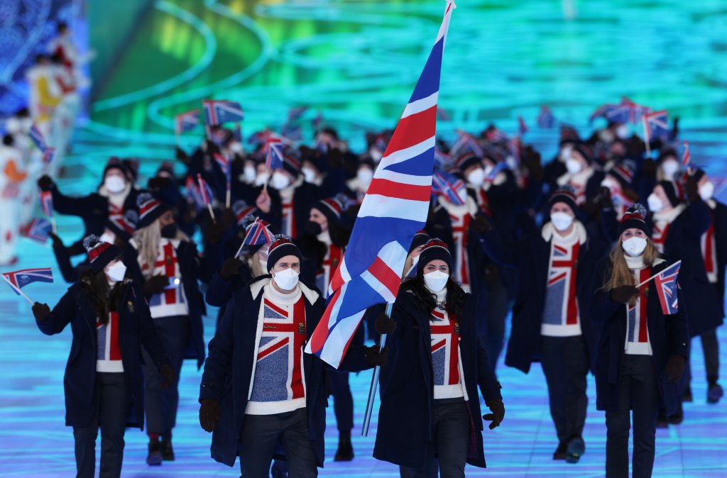 Flag bearers Eve Muirhead and Dave Ryding of Team Great Britain lead the team during the Opening Ceremony of the Beijing 2022 Winter Olympics at the Beijing National Stadium, Feb. 4, 2022, in Beijing, China.