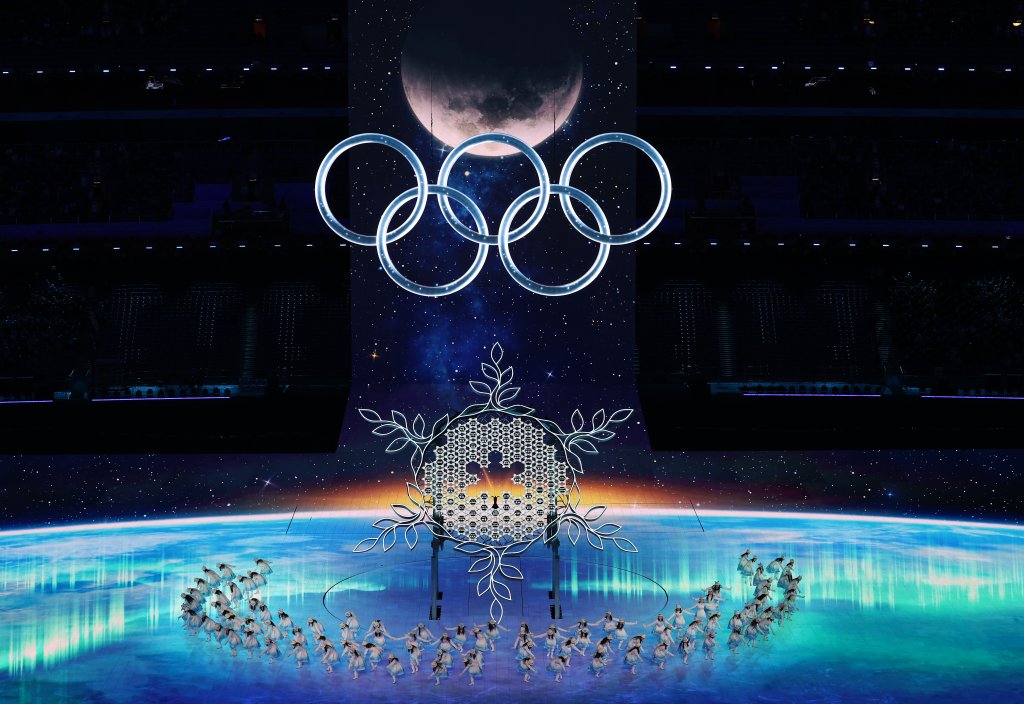 A large Olympic logo and snowflake is erected during the Opening Ceremony of the Beijing 2022 Winter Olympics at the Beijing National Stadium on Feb. 4, 2022, in Beijing, China. 