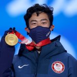 Nathan Chen of Team United States poses with his medal during the Men's Single Skating medal ceremony at the 2022 Winter Olympic Games, Beijing Medal Plaza, Feb. 10, 2022 in Beijing, China.