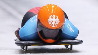 Gold medallist Hannah Neise of Team Germany slides during the Women's Skeleton heat 4 at the 2022 Winter Olympic Games, Feb. 12, 2022, in Yanqing, China.