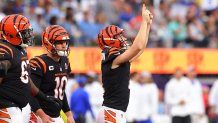 Evan McPherson #2 of the Cincinnati Bengals reacts after kicking a field goal