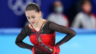 Kamila Valieva of Team ROC reacts after competing at the Women's Free Skating event at the 2022 Winter Olympic Games, Feb. 17, 2022 in Beijing.