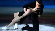 Charlene Guignard and Marco Fabbri of Team Italy react during the Figure Skating Gala Exhibition on day 16 of the 2022 Winter Olympics at Capital Indoor Stadium on Feb. 20, 2022, in Beijing, China.