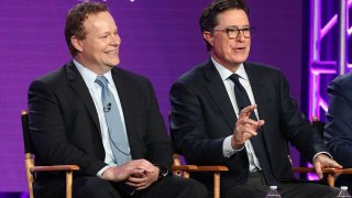 FILE - Chris Licht (L) and Stephen Colbert (R) of "Our Cartoon President" speak onstage during the 2018 Winter Television Critics Association Press Tour on Jan. 6, 2018 in Pasadena, Calif.