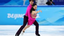 Misato Komatsubara and Tim Koleto of Team Japan skate during the Ice Dance Rhythm Dance on day eight of the Beijing 2022 Winter Olympic Games at Capital Indoor Stadium on Feb. 12, 2022 in Beijing, China.