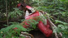 This photo taken on July 20, 2018 shows Huanhuan, one of five mascots for the 2008 Beijing Olympic Games, lying amongst trees behind an abandoned, never-completed mall in Beijing. - A decade after Beijing hosted the 2008 Olympics, its legacy remains unmistakable from the smallest alleyways in the Chinese capital to the country's growing clout abroad. For better or worse, the Games changed the face of Beijing: from the iconic Bird's Nest stadium to the countless blocks of ancient homes bulldozed in an Olympic building frenzy. (Photo by GREG BAKER / AFP) / TO GO WITH China-politics-Olympics-anniversary,FOCUS by Ben Dooley (Photo credit should read GREG BAKER/AFP via Getty Images)
